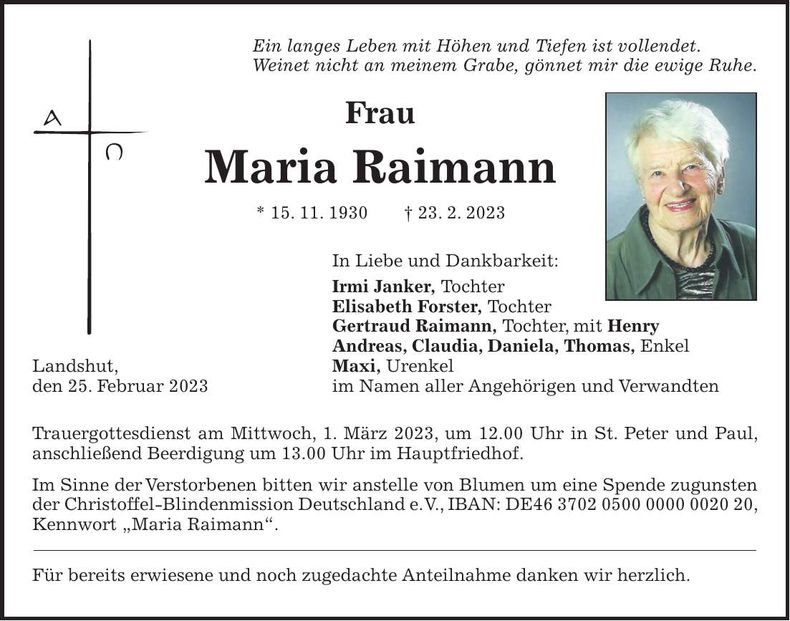 Traueranzeige Maria Raimann