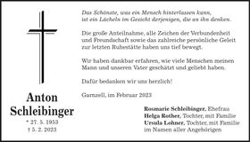 Traueranzeige Anton Schleibinger