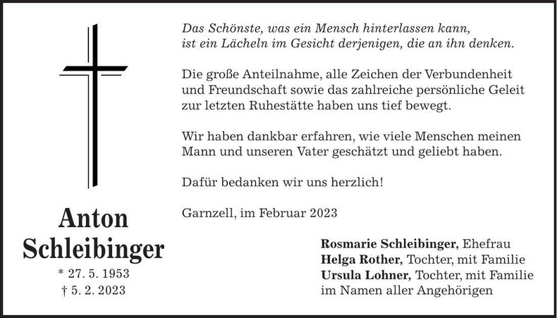 Traueranzeige Anton Schleibinger