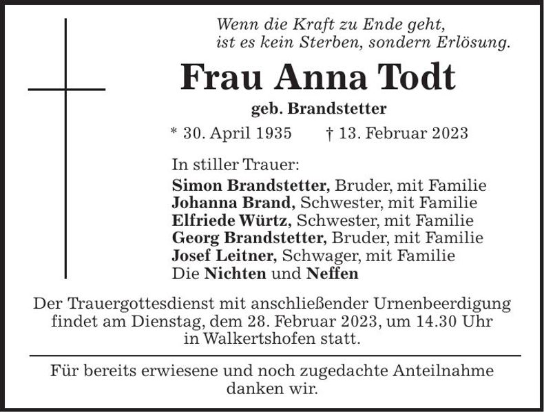 Traueranzeige Anna Todt