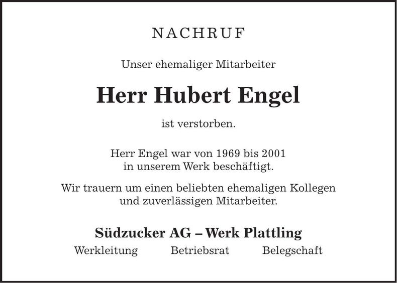 Traueranzeige Hubert Engel