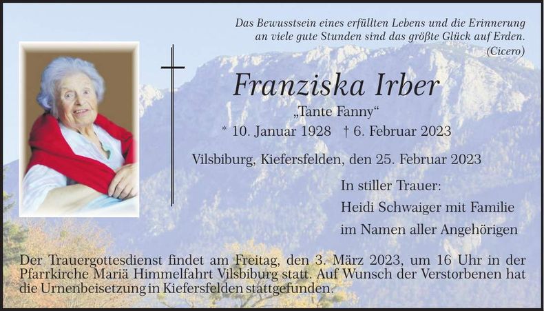 Traueranzeige Franziska Irber