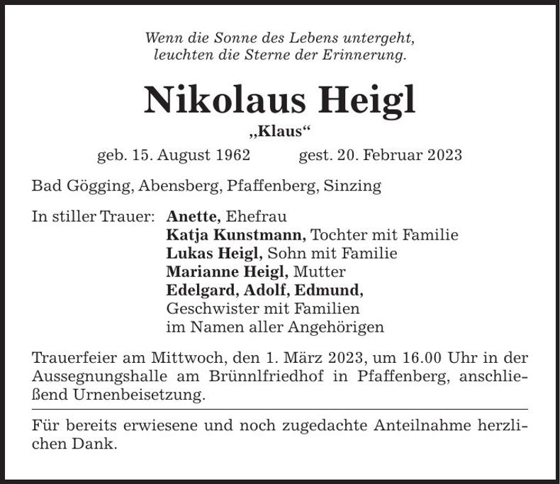 Traueranzeige Nikolaus Heigl