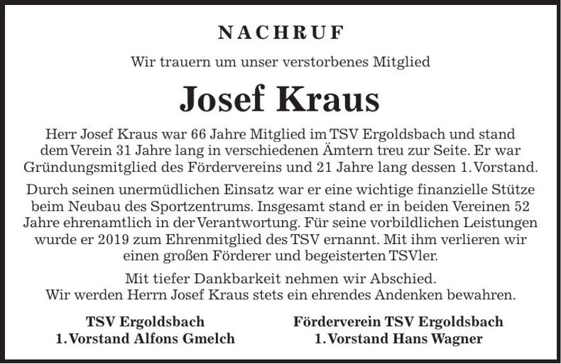 Traueranzeige Josef Kraus