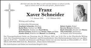 Traueranzeige Xaver Schneider
