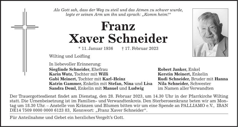 Traueranzeige Xaver Schneider
