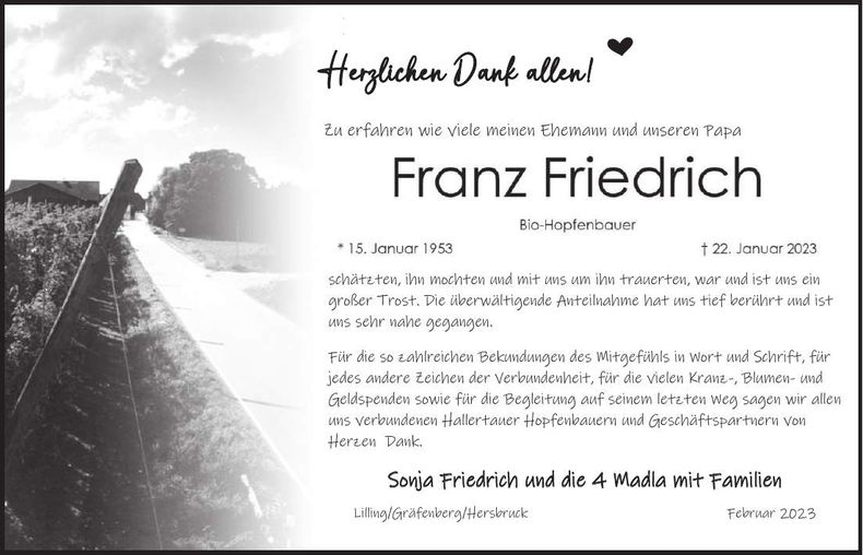 Traueranzeige Franz Friedrich