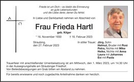 Traueranzeige Frieda Hartl