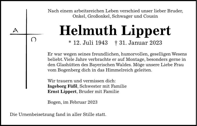 Traueranzeige Helmuth Lippert