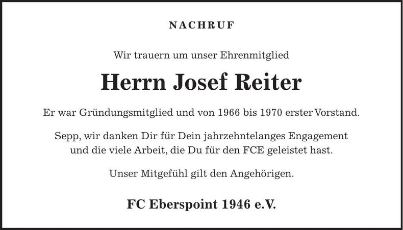 Traueranzeige Josef Reiter