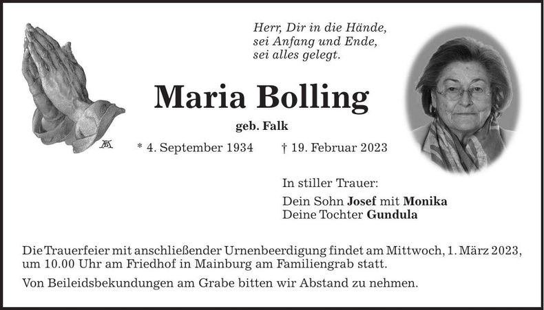 Traueranzeige Maria Bolling
