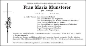 Traueranzeige Maria Münsterer