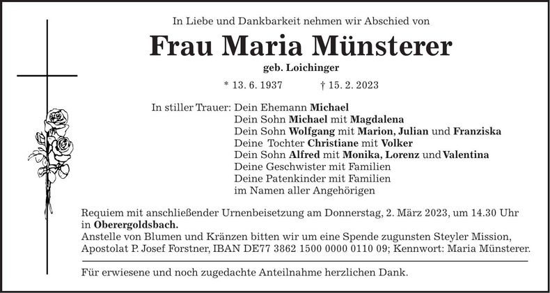 Traueranzeige Maria Münsterer