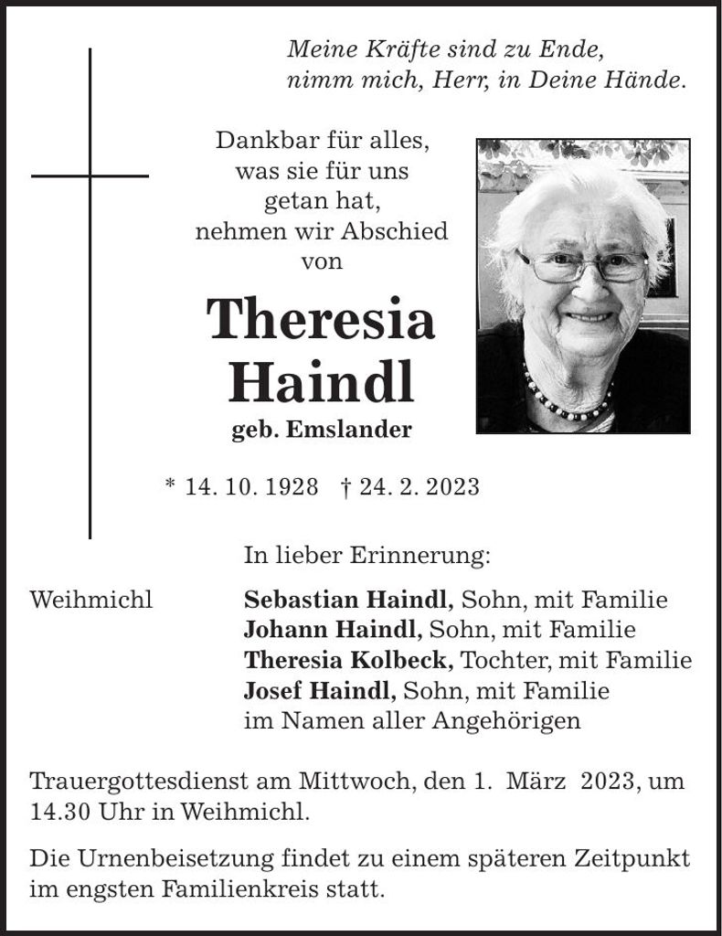 Traueranzeige Theresia Haindl