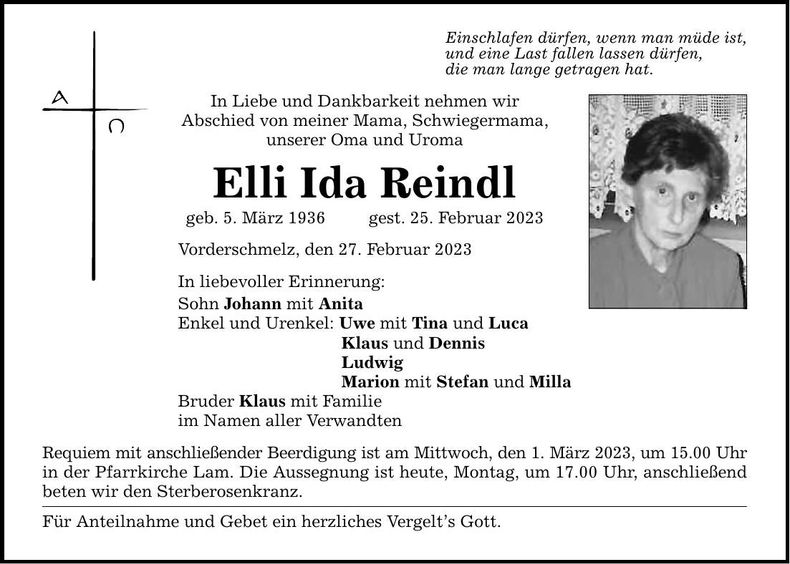 Traueranzeige Elli Ida Reindl