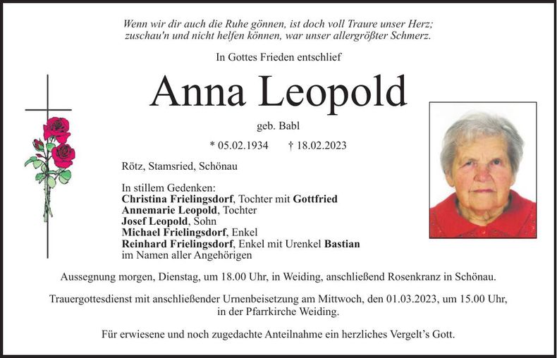 Traueranzeige Anna Leopold