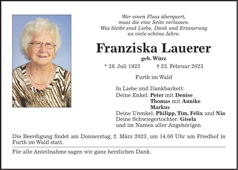 Traueranzeige Franziska Lauerer