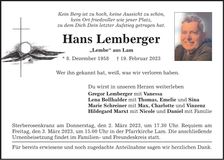 Traueranzeige Hans Lemberger