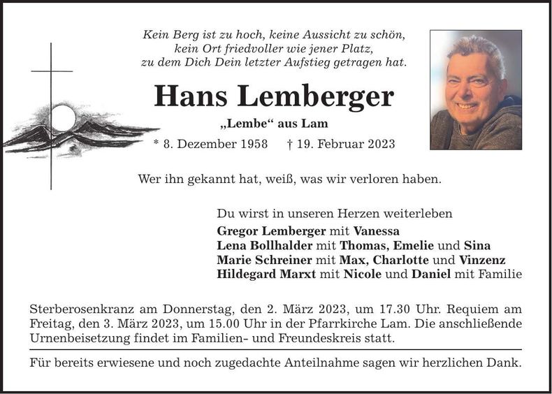 Traueranzeige Hans Lemberger