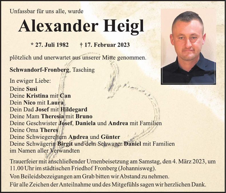 Traueranzeige Alexander Heigl