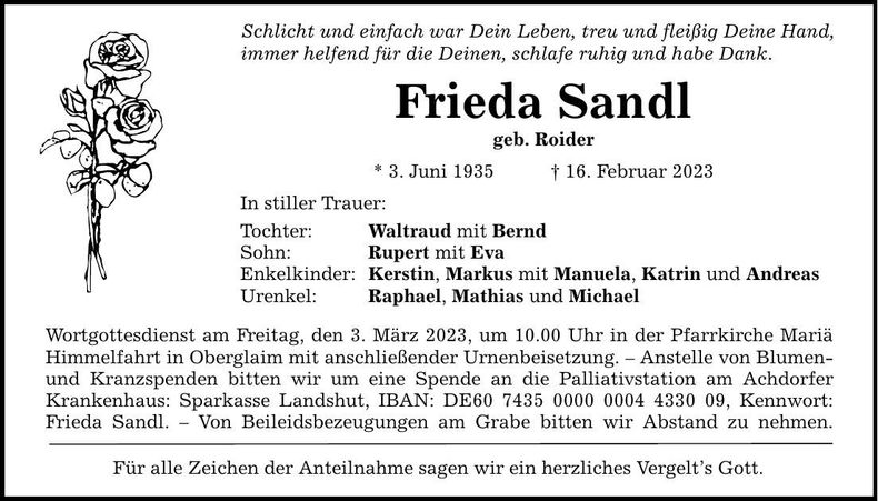 Traueranzeige Frieda Sandl