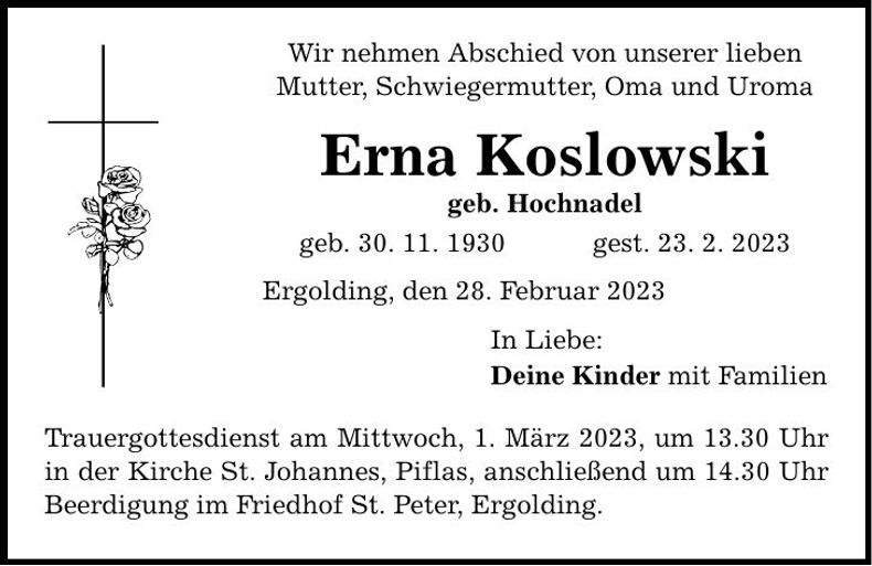 Traueranzeige Erna Koslowski