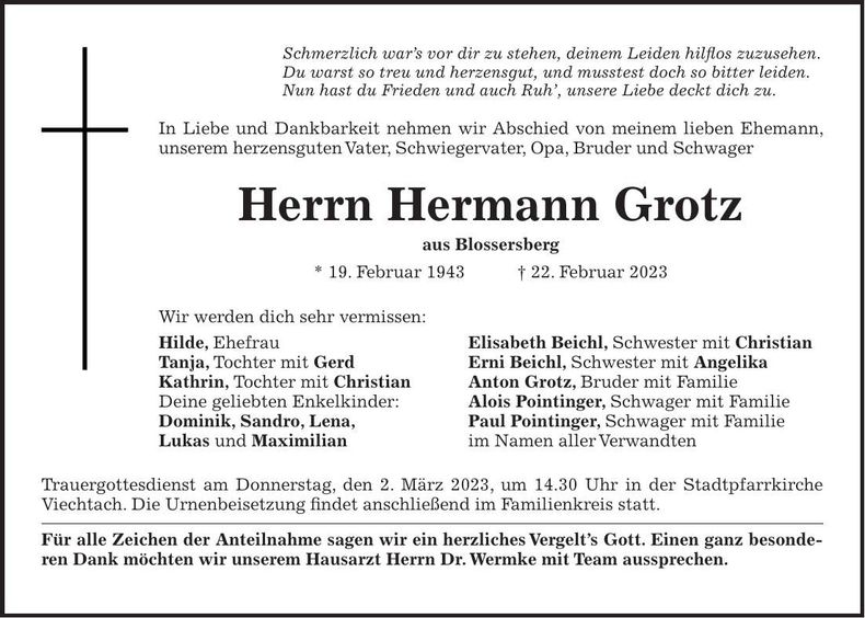 Traueranzeige Hermann Grotz