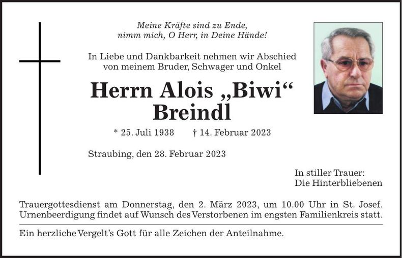 Traueranzeige Alois Breindl