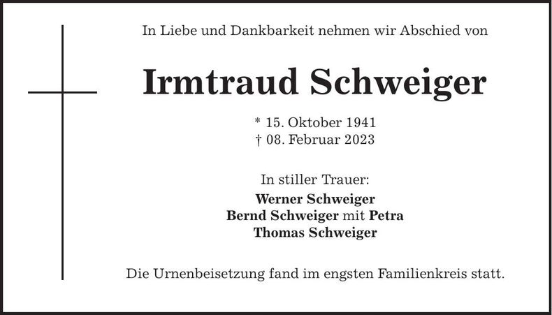 Traueranzeige Irmtraud Schweiger