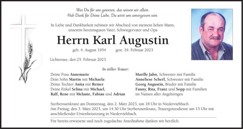 Traueranzeige Karl Augustin