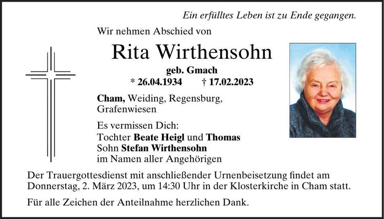 Traueranzeige Rita Wirthensohn