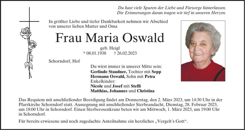 Traueranzeige Maria Oswald