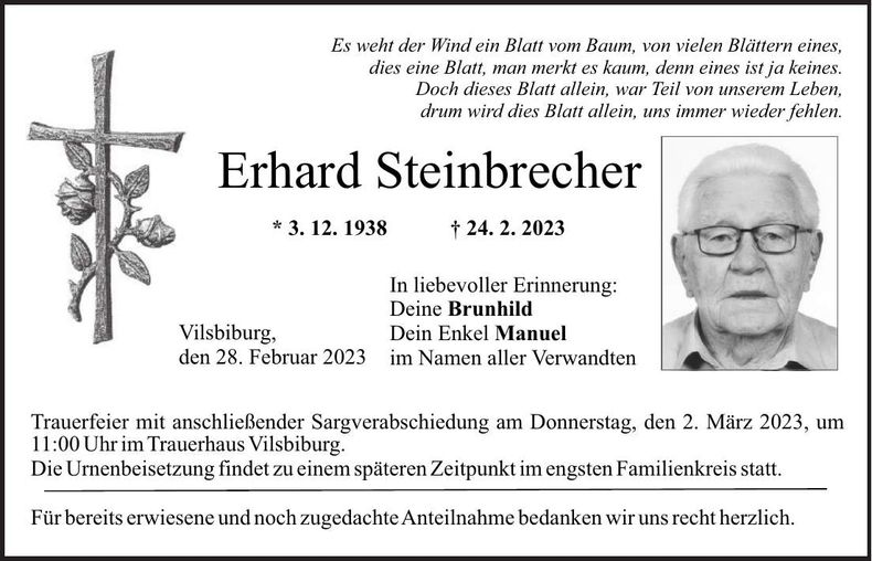 Traueranzeige Erhard Steinbrecher