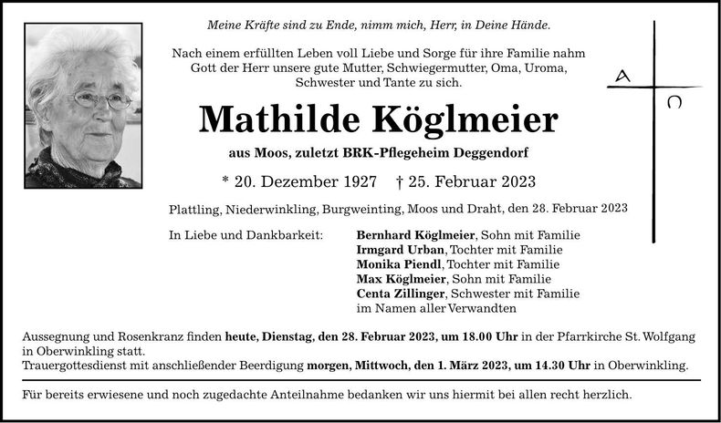 Traueranzeige Mathilde Köglmeier