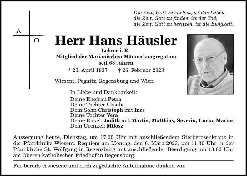 Traueranzeige Hans Häusler