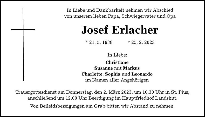 Traueranzeige Josef Erlacher