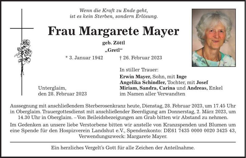 Traueranzeige Margarete Mayer
