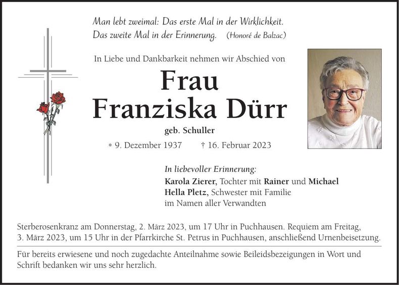 Traueranzeige Franziska Dürr