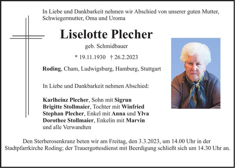 Traueranzeige Liselotte Plecher
