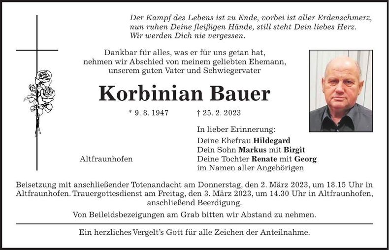 Traueranzeige Korbinian Bauer