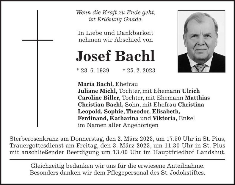 Traueranzeige Josef Bachl