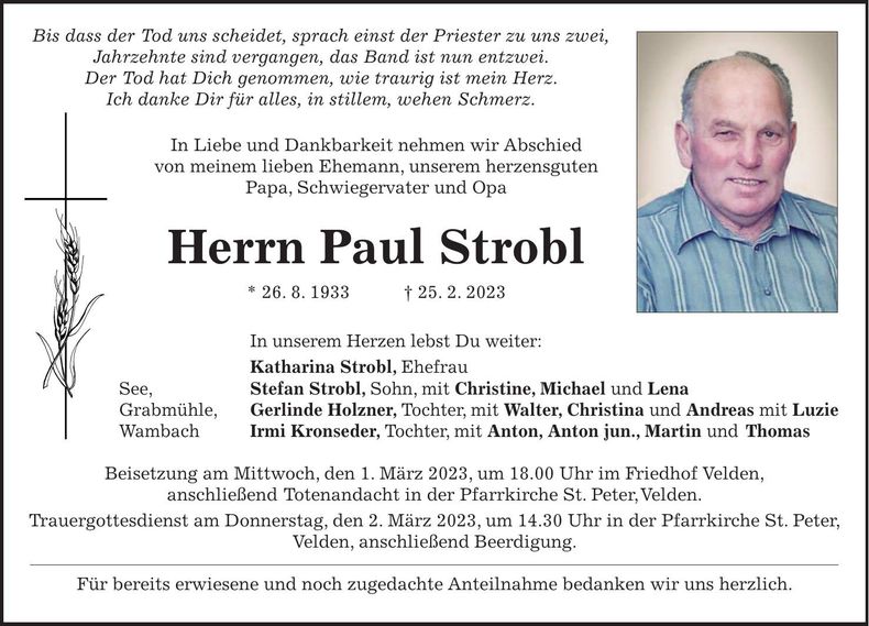 Traueranzeige Paul Strobl