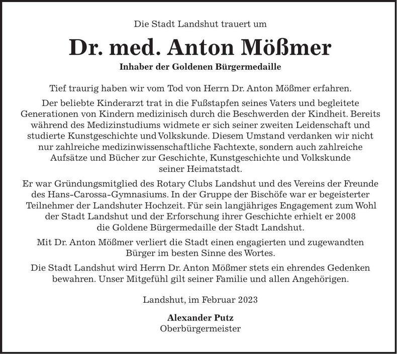 Traueranzeige Anton Dr. med. Mößmer
