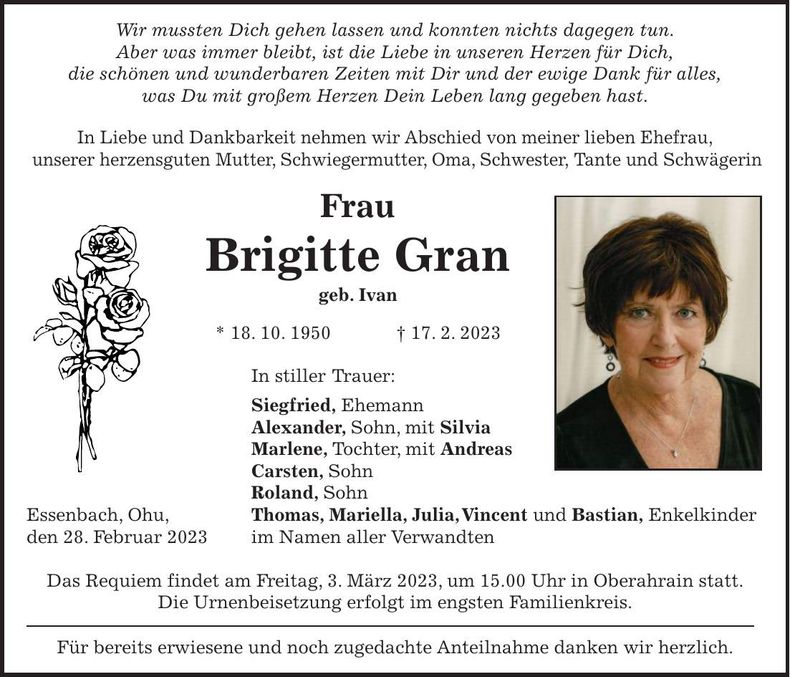 Traueranzeige Brigitte Gran