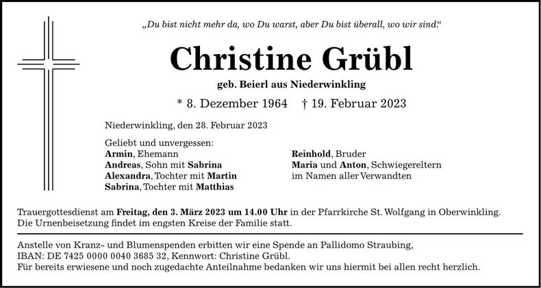 Traueranzeige Christine Grübl