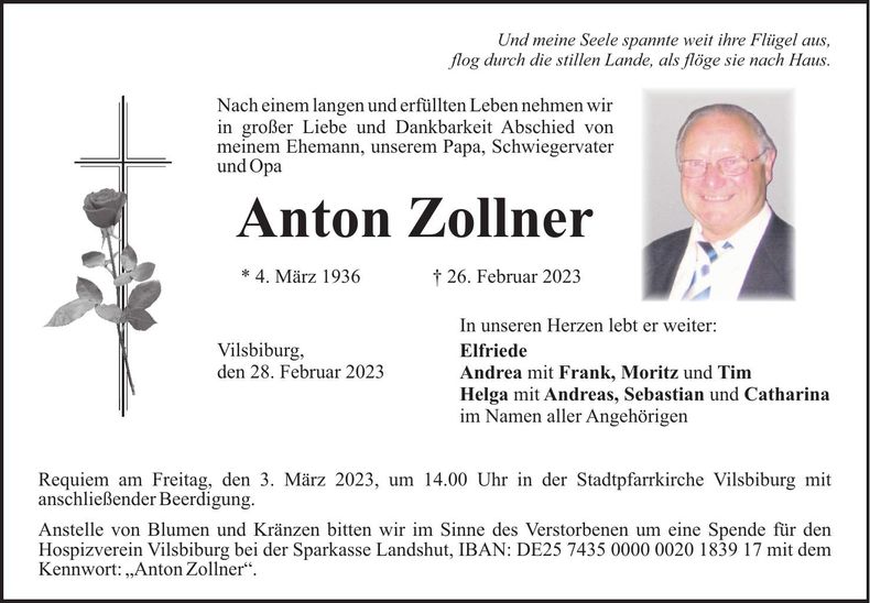 Traueranzeige Anton Zollner