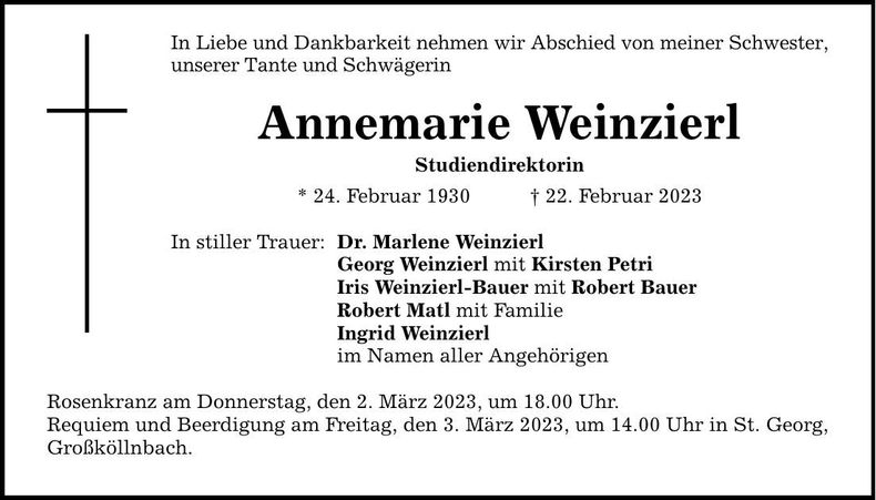 Traueranzeige Annemarie Weinzierl