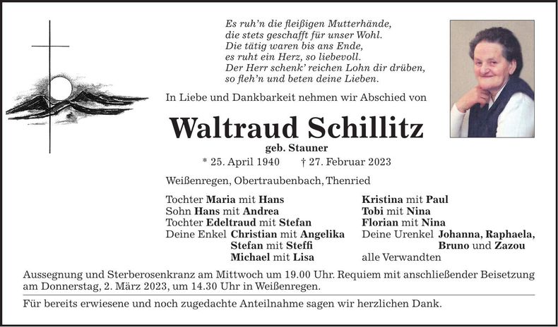 Traueranzeige Waltraud Schillitz