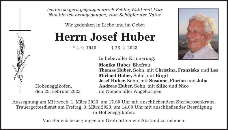 Traueranzeige Josef Huber