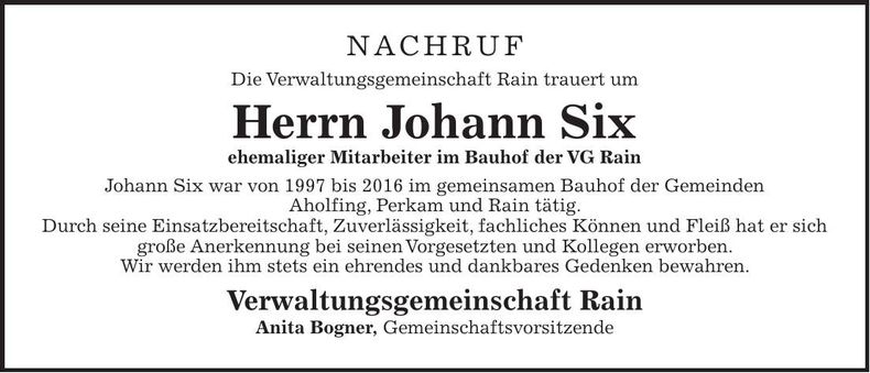 Traueranzeige Johann Six